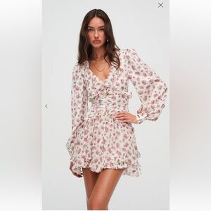 For Love And Lemons Jayleen Mini Dress White and Pink Floral Long Sleeve Dress